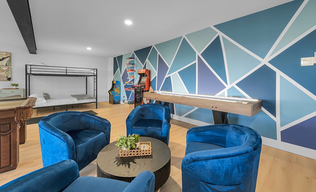 Shuffleboard with velvet lounge chairs